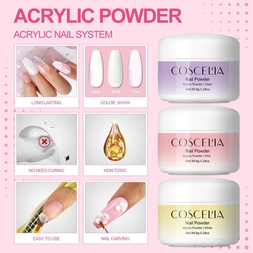 COSCELIA Acrylic Nail Kit for Beginners with Everything Professional Nails Kit Acrylic Set with Drill and U V Light Glitter Powder Decorations Rhinstones DIY Gifts for Women