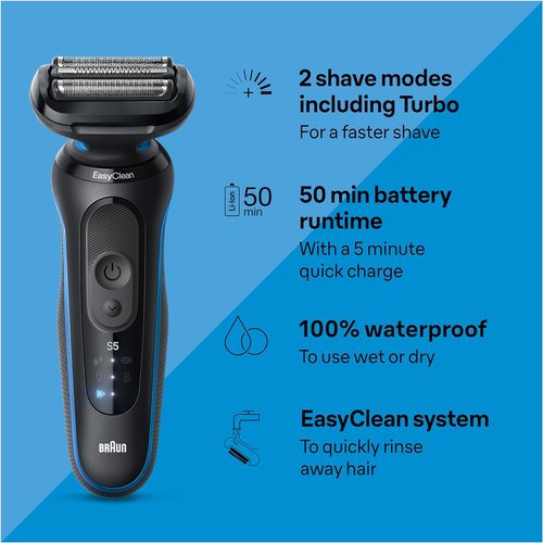 Braun Series 5 Electric Shaver for Men - Wet & Dry Razor with Turbo Mode, Beard Trimmer & Charging Stand - Blue
