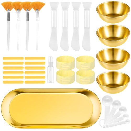 31 Pcs Esthetician Supplies for Facials,4 Gold Esthetician Bowls 4 Fan Brushes Esthetician Large Gold Serving Bowls 12 Compressed Facial Sponge 4 Spa Headbands 4 Flat Brushes for Women Face Cleansing