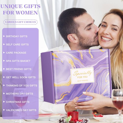 Birthday Gifts for Women Self Care Gift Set, Purple Relaxing Spa Gift Baskets Get Well Soon Care Package, Unique Valentines Day Gifts for Her Mom Wife Girlfriend Friends Sister