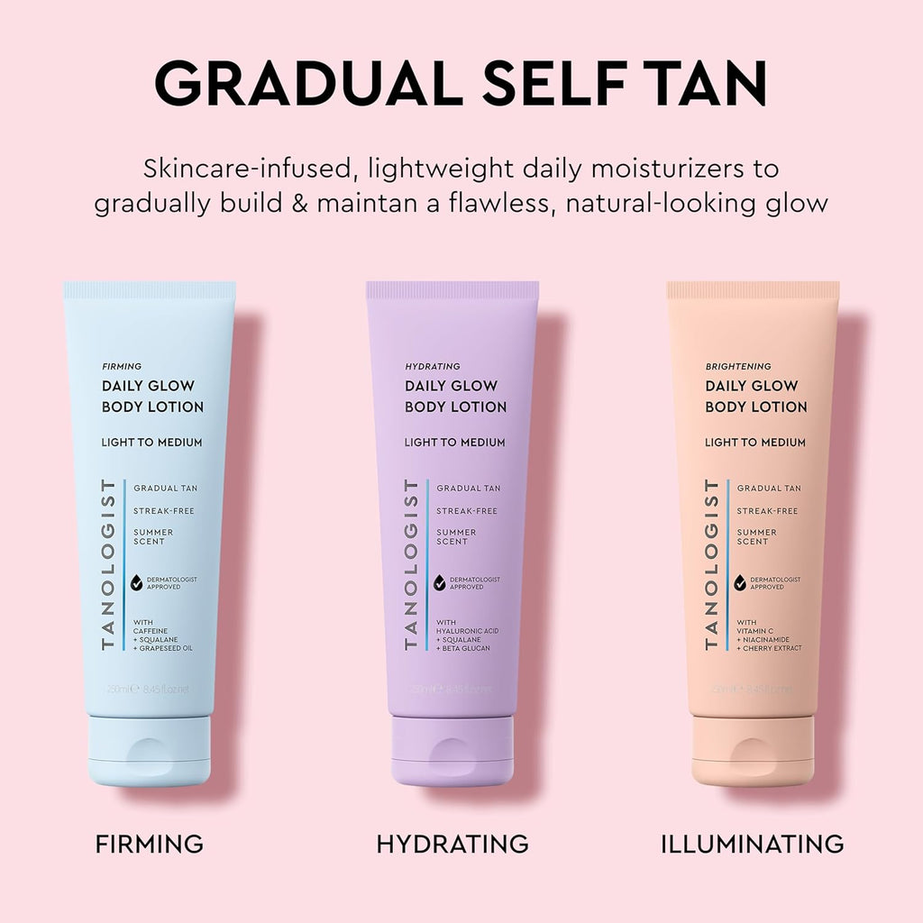 Tanologist Brightening Daily Glow Body Lotion - Streak-Free Gradual Tanner, Light/Medium, Vegan, 8.45 fl. oz