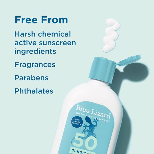 Blue Lizard SENSITIVE Mineral Sunscreen with Zinc Oxide, SPF 50+, Water Resistant, UVA/UVB Protection with Smart Bottle Technology - Fragrance Free, 8.75 oz.