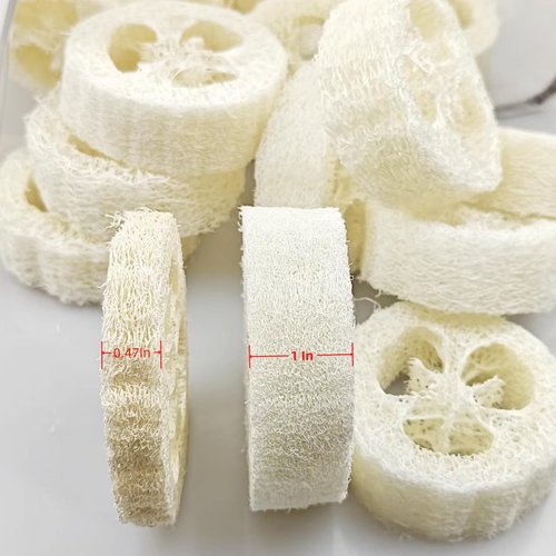ENLAYER 25PCS Natural Loofah Slices, Reusable Natural Loofah Cuts for Cleaner Sponge Scrubber, Facial Soap Holder and DIY Customize Soap Tools with 1 Storage Bag (Diameter 2In, Thick 1In)
