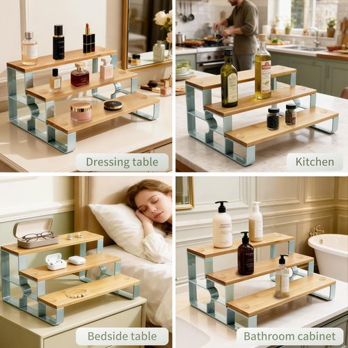 mengbu Vanity Organizer for Makeup,Perfume Organizer for Women,Skincare Organizers for Countertop,Bathroom Organizers and Storage,3 Tier Bamboo Display Shelf (Width=14")