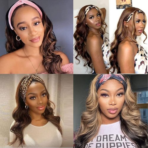 Comfair Ombre Headband Wig Human Hair #4/27 Highlight Body Wave Headband Wig Glueless None Lace Front Wig Brazilian Virgin Human Hair Wigs for Black Women Wear andGo Wig 180% Density 12 inch