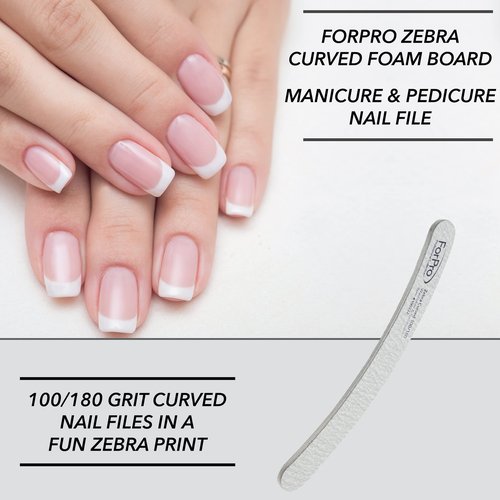 ForPro Professional Collection Zebra Curved Foam Board, 100/180 Grit, Double-Sided Manicure and Pedicure Nail Files, 7” L x .75” W, 50-Count