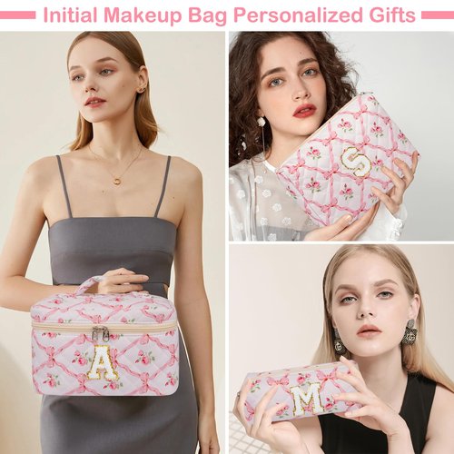 Junesters Personalized Initial Makeup Bag Set, Quilted Makeup Bag, Large Floral Cosmetic Bag for Women, Cute Cotton Custom Make up Bags, Flower Travel Toiletry Bag Teen Girl Gift Trendy Stuff Gift M