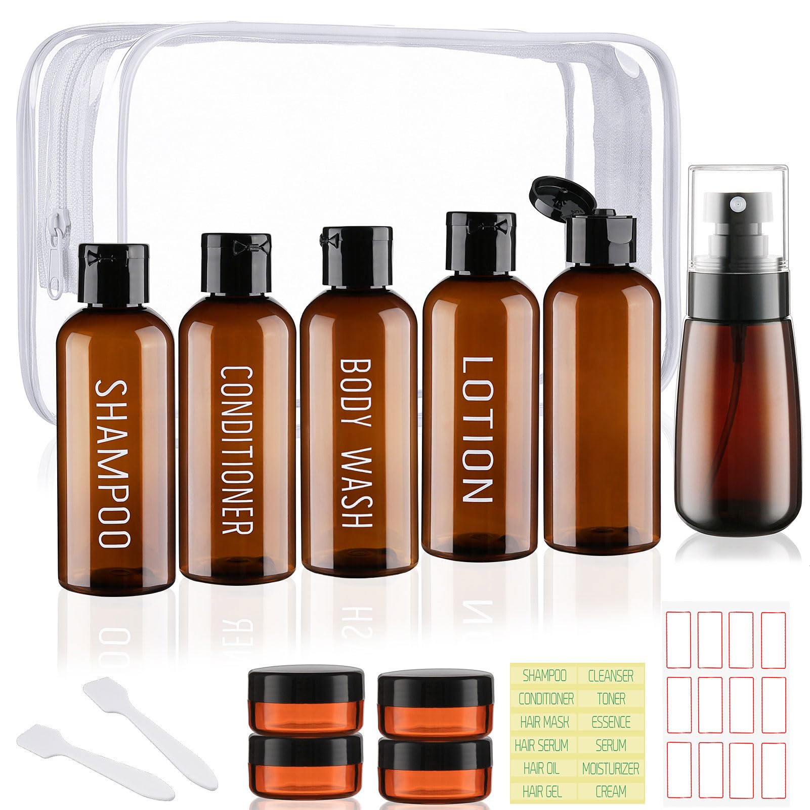 Wowang Travel Bottles for Toiletries 10 Pack 3.4oz Travel Size Containers TSA Approved Leak Proof Shampoo and Conditioner Bottles Plastic Squeeze Bottle Traveling Essentials Accessories(Brown)