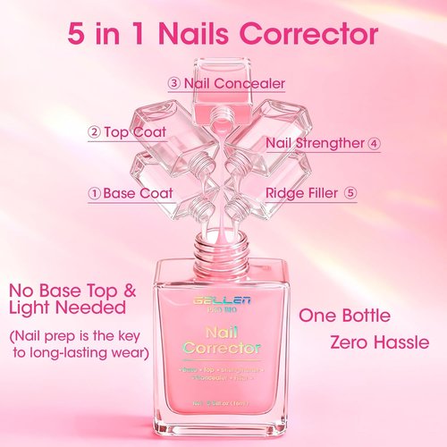 GELLEN PRO BIO Nail Strengthener & Growth Treatment - 5-In-1 Clear Tinted Pink Polish for Damaged Nails