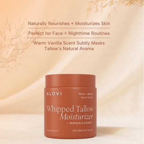 ALOVI Whipped Tallow Moisturizer – 100% Grass-Fed Beef Tallow for Face & Body – Infused with Manuka Honey, Calendula & Almond Oil – Warm Vanilla Scent