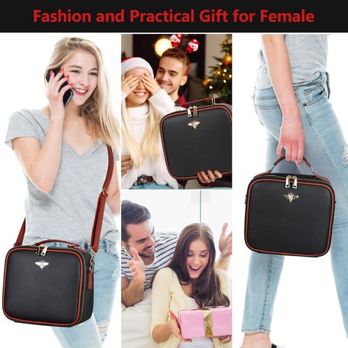 GERYUAEG Travel Makeup Bag with Mirror of LED Lighted, Rechargeable Cosmetic Train Case Artist Makeup Organizer for Women with Adjustable Dividers, Makeup Brushes Holder and Strap (CosMirr-Black02)