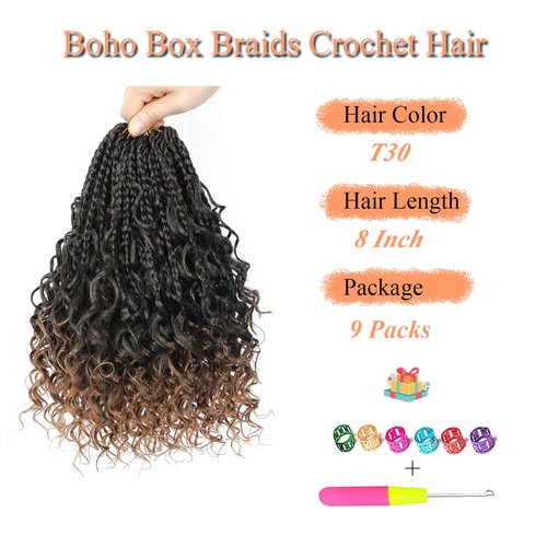 9 Packs Goddess Box Braids Crochet Hair 8 Inch Pre Looped Boho Crochet Braid With Curly Ends Synthetic Boho Box Braids Crochet Hair For Women (8 Inch, T30)