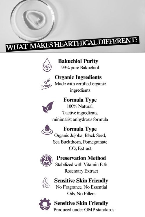 Hearthical Organic Oil-Based Bakuchiol Serum For Face | 1oz Natural Retinol Alternative for Glowing Skin | Brightening Serum For Face | 99% Pure Bakuchiol Oil with Jojoba & Sea Buckthorn | Made In USA