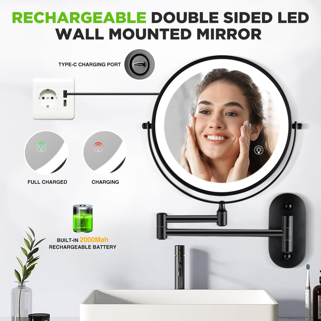 VORREMIRR Wall Mounted Makeup Mirror: 1x/15x Magnifying Mirror with 8.5" Double Sided, Vanity Makeup Mirror for Bathroom, Brush Black