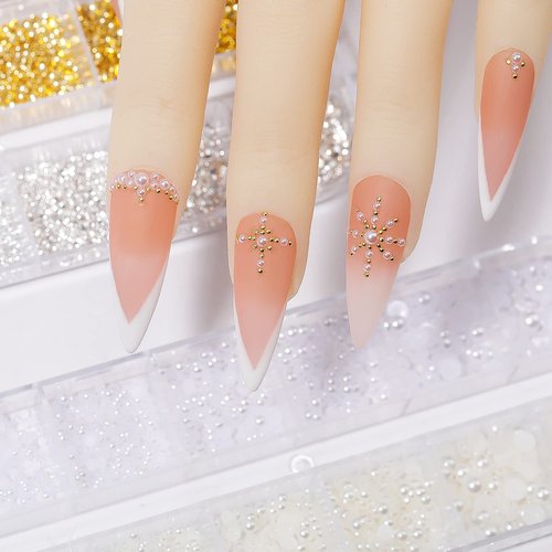 HNUIX Nail Art Charms - Metal Silver & Gold Beads, Flat Back Round Rhinestones, Small Nail Pearls, 3D Mixed Sizes Decorations for Nails