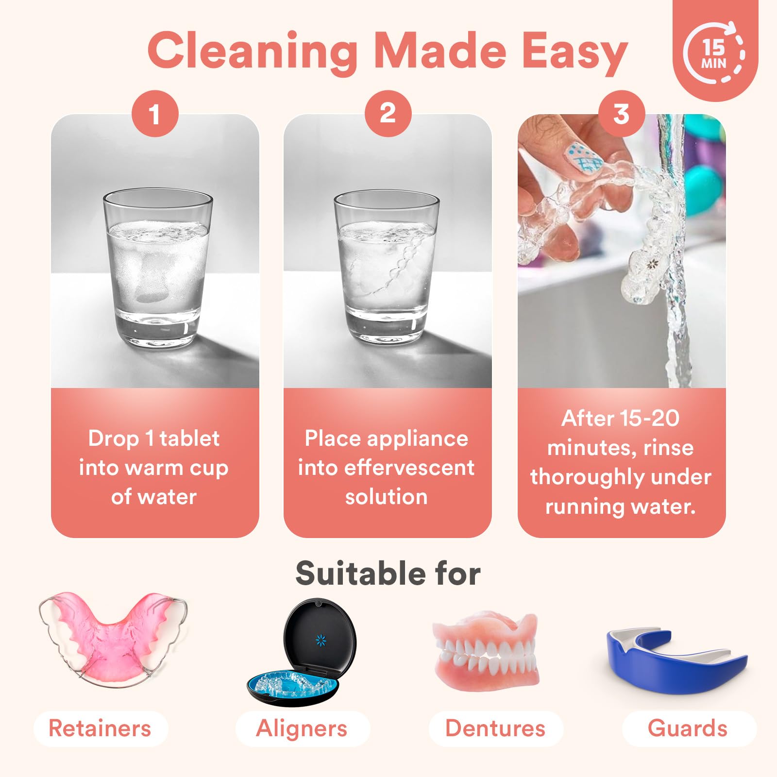 Weiss Naturals Retainer Cleaning Tablets, Invisalign Cleaner, Remove Stains, Odors & Plaque, FSA & HSA Eligible, Night Guard Cleaner PERSULFATE & DYE-FREE 1-Month Supply, Denture Cleaners, 30 Tablets