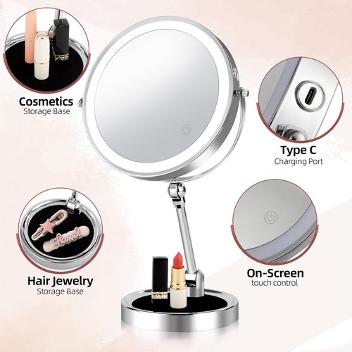 FFowcye 8" Rechargeable Lighted Makeup Mirror with Magnification, Adjustable Height & Brightness 1X/10X Double Side Magnifying Mirror with Light, 3 Color Lighting 360° Rotation Storable Base, Chrome