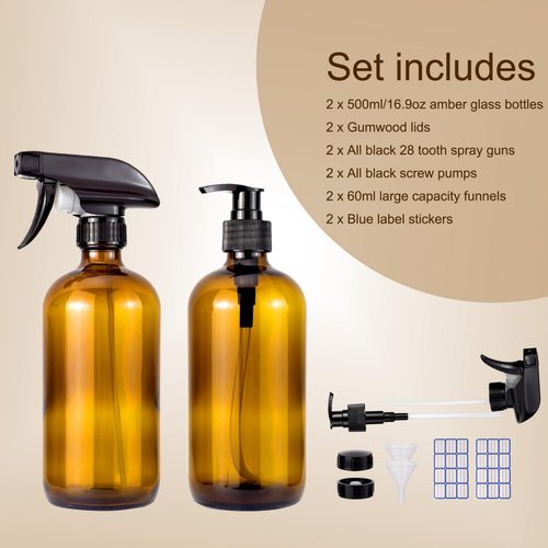JIUWU 2 Pack 500ml 16.9oz Amber/Brown Glass Spray Bottles, Thickened, Refillable Empty Bottles for Cleaning Solutions, Essential Oils, Hair, Plants, Adjustable Nozzle for Squirt/Mist, Funnel, Label