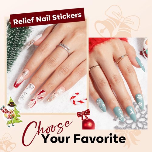modelones Christmas Nail Stickers 3D Self-Adhesive nail decals Christmas Tree, Snowflakes, Santa Claus, Reindeer & Snowman, Winter Holiday Christmas DIY Nail Stickers for Women & Kids 5Pcs