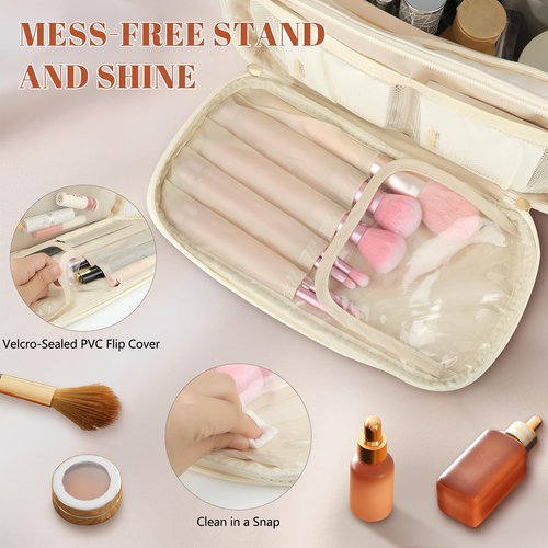 KEYPOWER Travel Makeup Bag Toiletry Bag Large Capacity Cosmetic Portable Waterproof Large Opening Vertical Free-Standing & Small Clutch for Women (White)