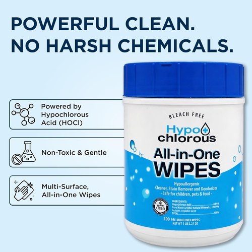 Hypochlorous Acid Wipes - 100 Count Non-Toxic Skin & Home Cleaner | Bleach-Free, Safe for Babies & Pets