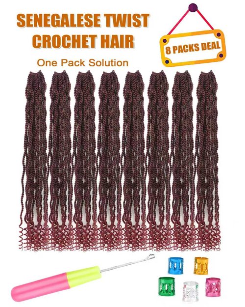 Burgundy Senegalese Twist Crochet Hair for Black Women 24 Inch 8 Packs Pre Looped Kinky Twists Crochet Braids with Curly Ends Short 2 Strand Rope Twists (Tbug)