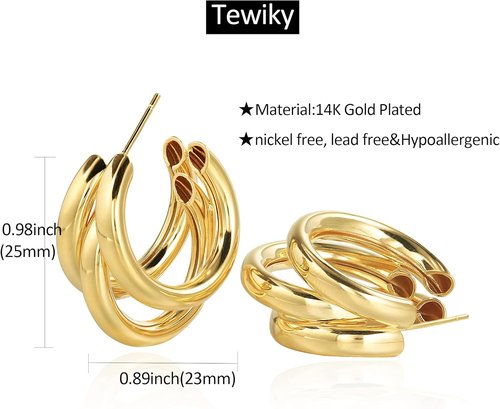 Skiennix Chunky Gold Hoop Earrings - 14k Gold Plated Triple Hoops | Hypoallergenic & Trendy Jewelry for Women