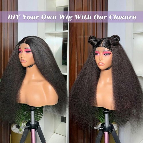 DSEKCAIN Kinky Straight Lace Closure 2x6 HD Lace Closure Yaki Straight Human Hair Transparent Middle Part Long Parting 100% Real Human Hair Natural Black Color 14 Inch