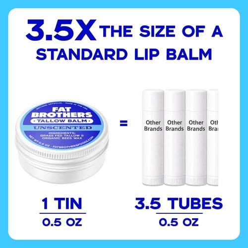 Fat Brothers Tallow Balm – 2-Ingredient (Beef Tallow + Organic Beeswax), Unscented, .5 oz Metal Tin (3X Larger Than Standard Tubes), Pure, Petroleum-Free, Ultra-Moisturizing - 2 pack