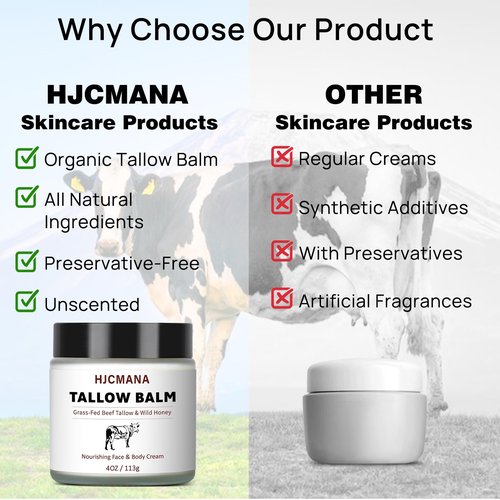 HJCMANA Beef Tallow for Skin 4 OZ, Natural Unscented Tallow and Honey Balm, Grass Fed Beef Tallow for Face and All Skin Types
