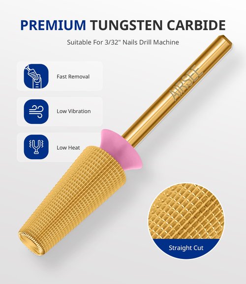 AIRSEE Tungsten Carbide 5 in 1 Acrylic Nail Drill Bit Efile Electric File Machine Head Tip for Manicure Polishing Fast Remove Gel 3/32" Shank 2 Way Professional Tech Use Gold TiN 2X Fine-2XF+3XF+4XF
