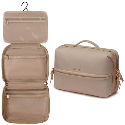 LOVEVOOK Travel Toiletry Bag With Hanging Hook for Women, Puffy Cosmetic Makeup Bag Organizer with Vegan Leather Handle for Accessories, Essentials, Toiletries, Khaki