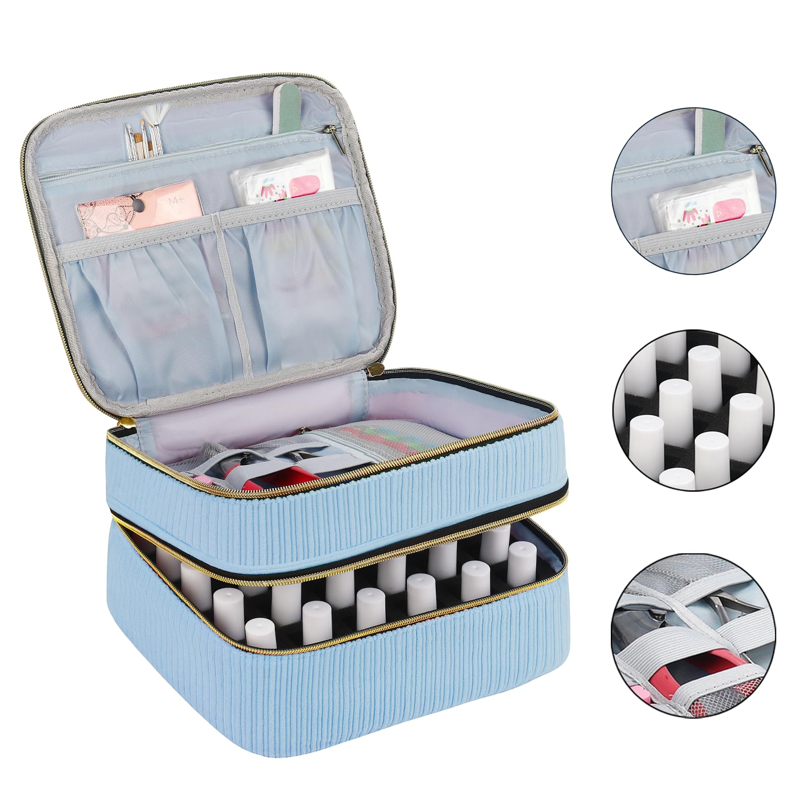 ZFZGFRCS Nail Polish Organizer- Holds 30 Bottles, Nail Organizers and Storage Double-Layer Nail Bag Organizer Case Nail Polish Holder with Handle, Nail Kit Organizer for Manicure Tools (Blue)