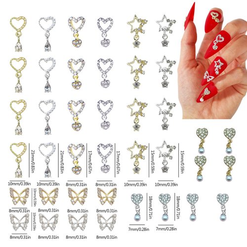 BJRSPGLS 40Pcs Heart Dangle Nail Charms Nail Rhinestones and Gems,Silver Gold Nail Jewels Charms Diamonds Stones for Nail Art,Valentines Love Star Dangling Nail Jewelry for Nails Design Variety
