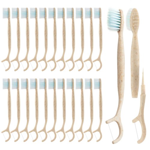 NUDUKO Travel Toothbrush Dental Floss Picks - 4 in 1 Biodegradable Disposable Toothbrushes with Tongue Scraper, Eco-Friendly Individually Wrapped Toothbrush for Adult Kids Travel Oral Care, 40 Pack
