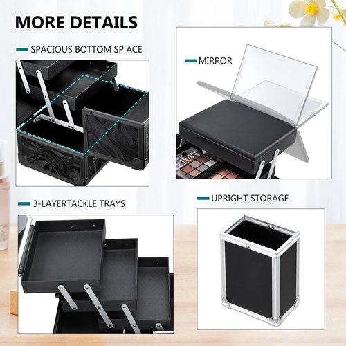 Faquenc Travel Makeup Case with LED Lighted Mirror - 11.6" Portable Makeup Organizer Box, Cosmetic Train Case with Detachable Brush Holder - Fluid Black