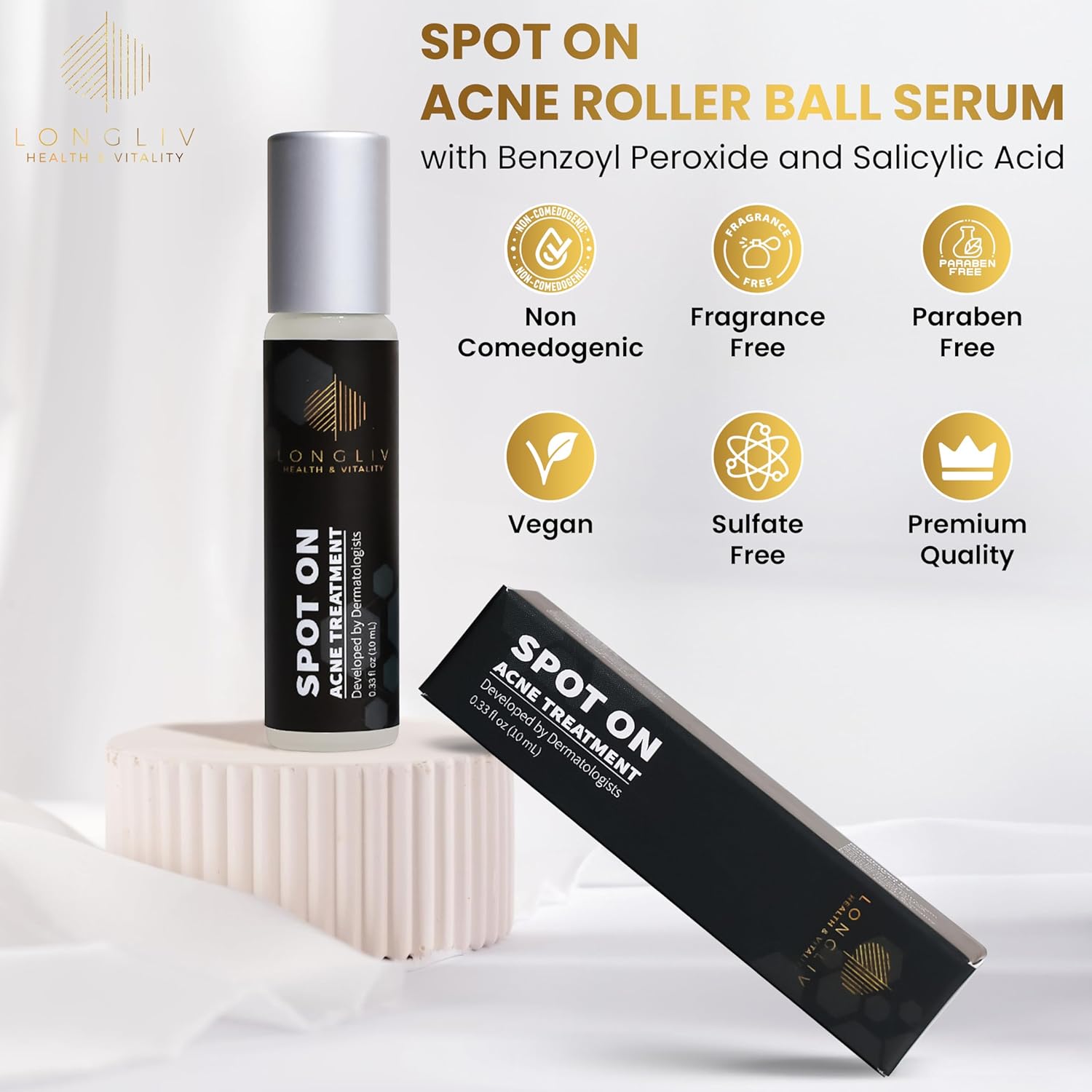 Spot On Acne Roller Ball Serum - Benzoyl Peroxide & Salicylic Acid Pimple Treatment - Mess-Free On-the-Go Solution