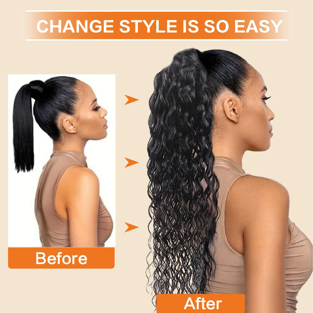 Yacurcur Water Wave Drawstring Ponytail Brazilian Remy Human Hair Ponytail Extensions for Black Women Ponytail Extension Human Hair Pieces Natural Black 16 Inch