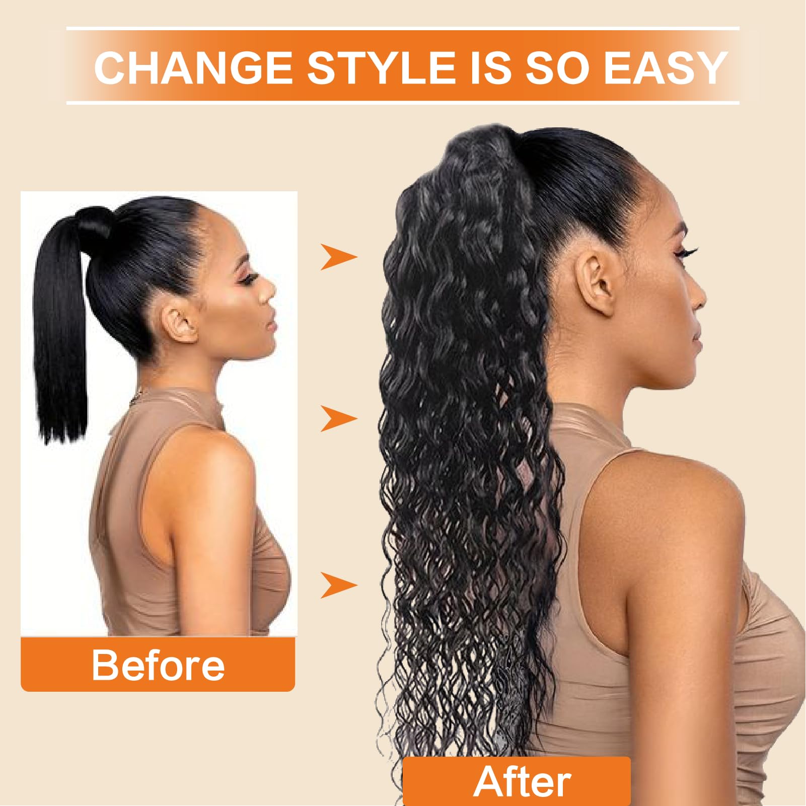 Yacurcur Water Wave Drawstring Ponytail Brazilian Remy Human Hair Ponytail Extensions for Black Women Ponytail Extension Human Hair Pieces Natural Black 16 Inch