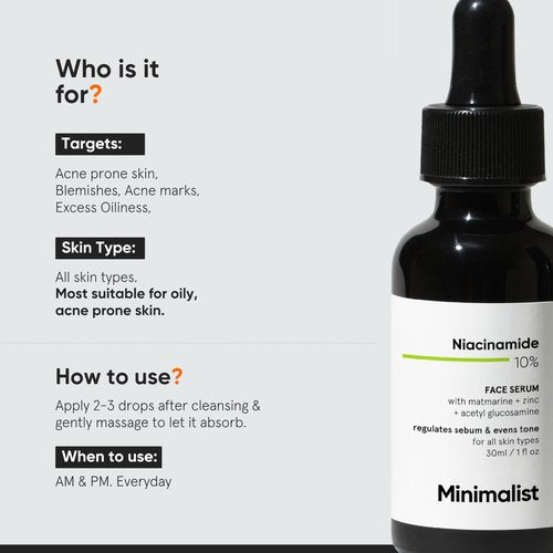 Minimalist Niacinamide 10% + 1% Zinc Face Serum | Reduces Pores, Acne Marks & Oil | Reduces Blemishes for Even Skin Tone | For Women & Men | 1 Fl Oz / 30 ml