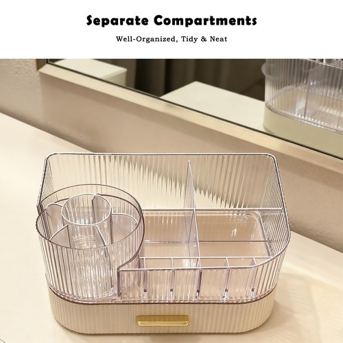 ShinyDew Makeup Organizer Countertop with 360 Rotating Brush Holder, Make Up Organizers For Vanity With Drawer, Bathroom Countertop Skincare Organizer And Storage