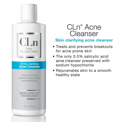 CLn® Acne Cleanser-The Only Cleanser with 0.5% Salicylic Acid Preserved with Sodium Hypochlorite for Clarifying Skin from Blackheads & Breakouts, Oil-Free & Fragrance-Free, 8 fl oz