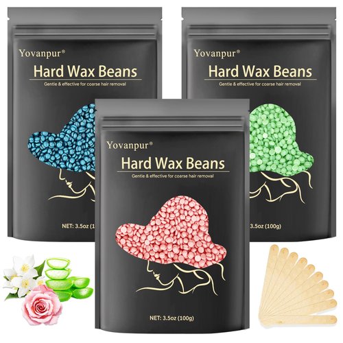Hard Wax Beads, Yovanpur 10.5oz Waxing Beans for Hair Removal, Brazilian, Bikini, Face, Eyebrows, Underarms, Chest, Back, Legs, Wax Refill for Women & Men, Pack of 3