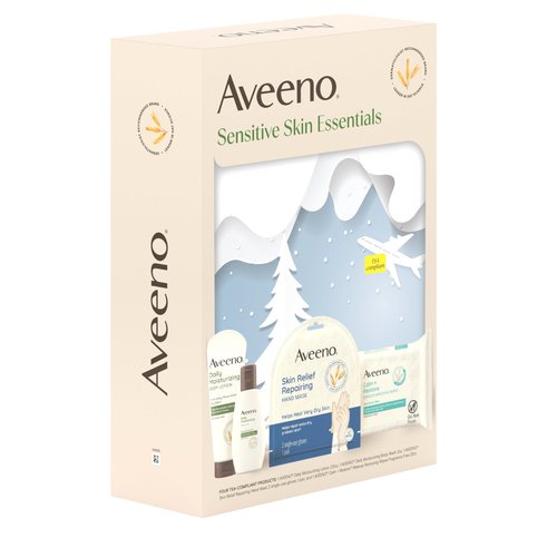 Aveeno Sensitive Skin Essentials Gift Set with Daily Moisturizing Lotion, Body Wash, Calm + Restore Makeup Removing Wipes, & Skin Relief Repairing Hand Mask, 4 Items