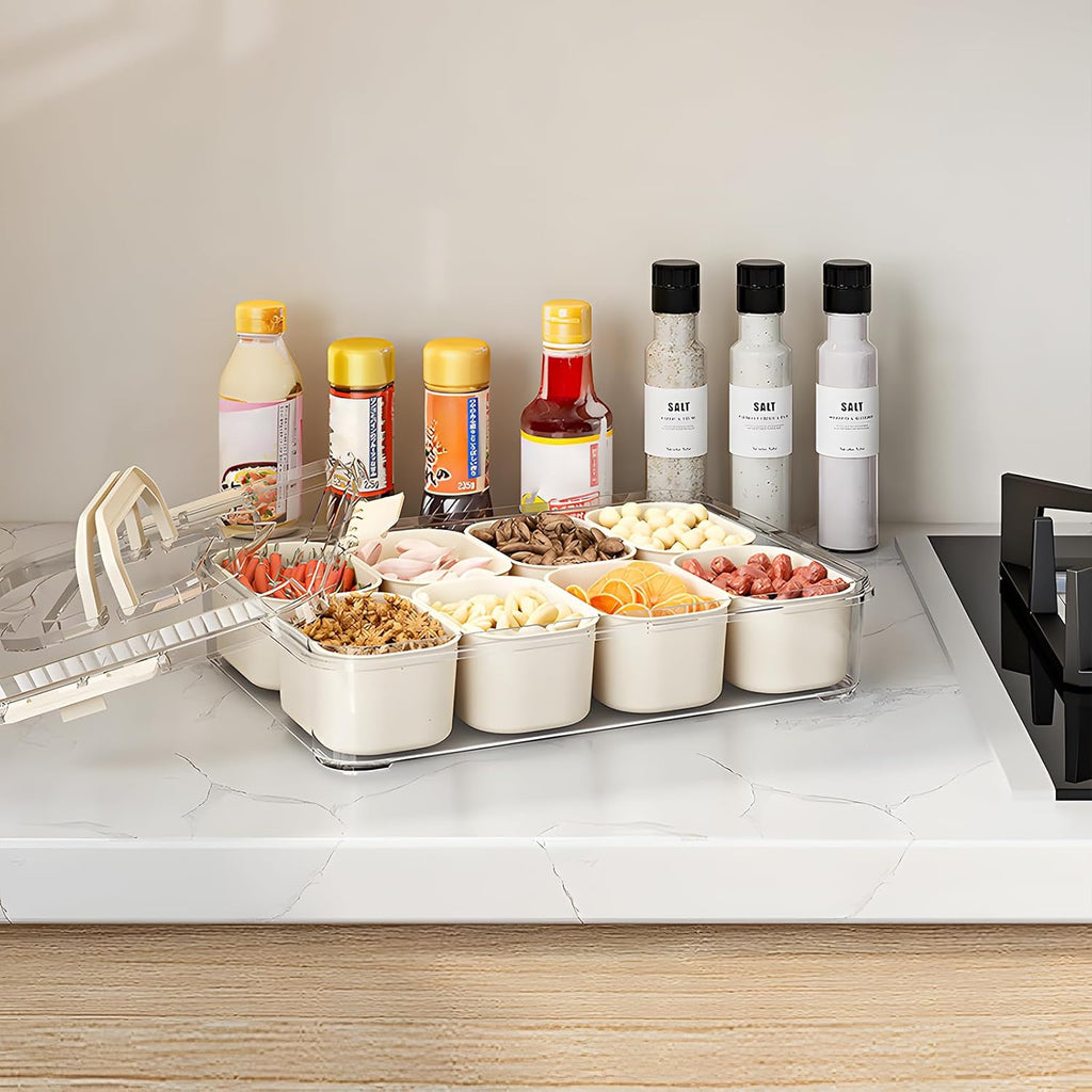 Snackle Box | 8-Compartment Portable Snack Container with Lid & Handle - Clear Serving Tray for Parties