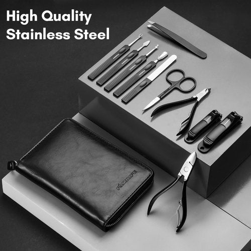 FAMILIFE Professional Manicure Set, Manicure Kit, Nail Clippers Set, 11 in 1 Stainless Steel Black Pedicure Tool, Nail Kit with Portable Leather Travel Case Luxury Gifts