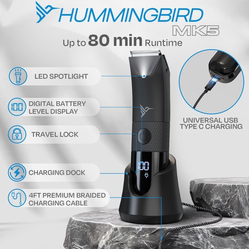 HUMMINGBIRD MK5 Pubic Hair Trimmer for Men – Ceramic Blade, No Nick, No Cut, Ball Trimmer, Waterproof, USB-C Rechargeable, LED Display, Charging Dock & Travel Pouch, Body Trimmer & Ball Shaver