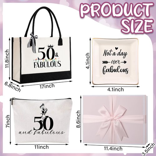 Locmeo 11 Pcs 50TH Birthday Gifts Sets for Her Include Tote Bag Makeup Bag Ring Tray Wine Tumbler Scented Candle Keychain Socks for Women Mom Wife Sister Coworker Happy 50 Birthday Valentines Gifts