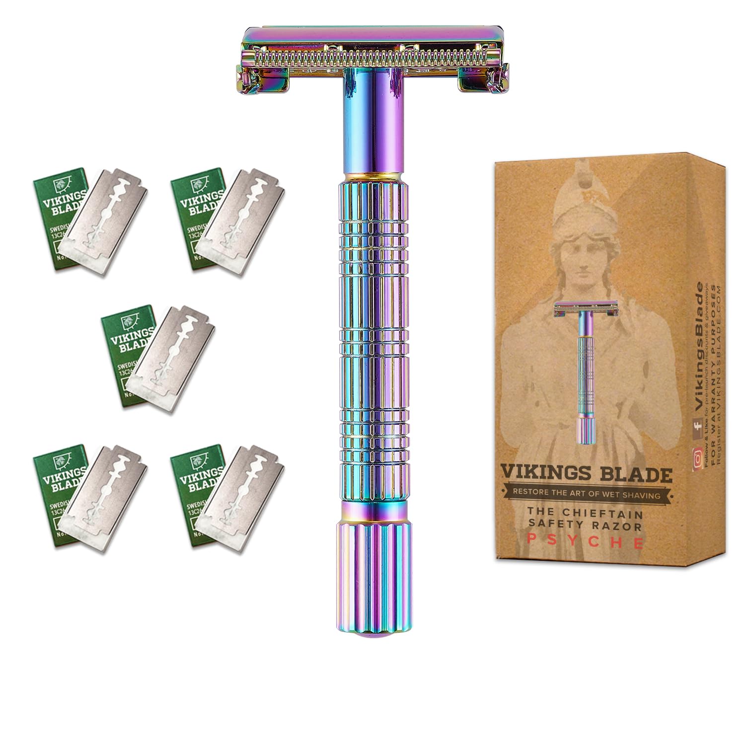 VIKINGS BLADE Safety Razor for Women + 5 Swedish Steel Blades. Quick Release Head, Double Edge. Smooth, Reusable, Recyclable (Model: Psyche)