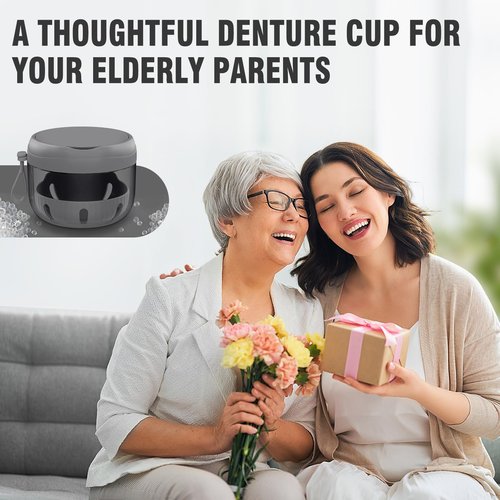 Denture Bath Box Cup, Leak Proof Denture Cup Kit Portable Retainer Case for Travel, Denture Case Cleaning Care for Dentures Aligner Mouth Guard with Denture Brush,Strainer, Removal Tool and Mirror
